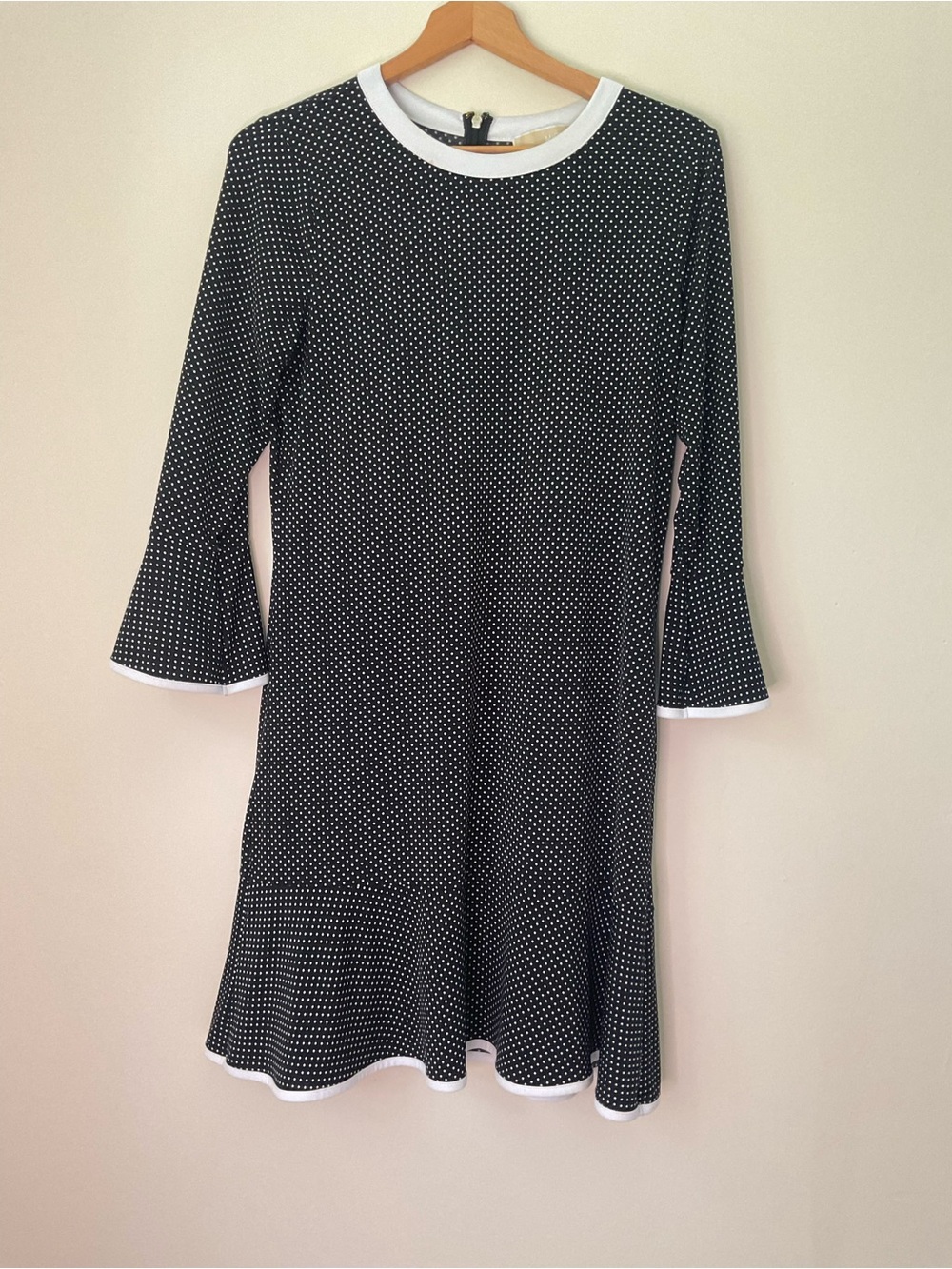 Michael Kors Black Polka Dot Long Sleeve Ruffle-Hem Dress with White Trim